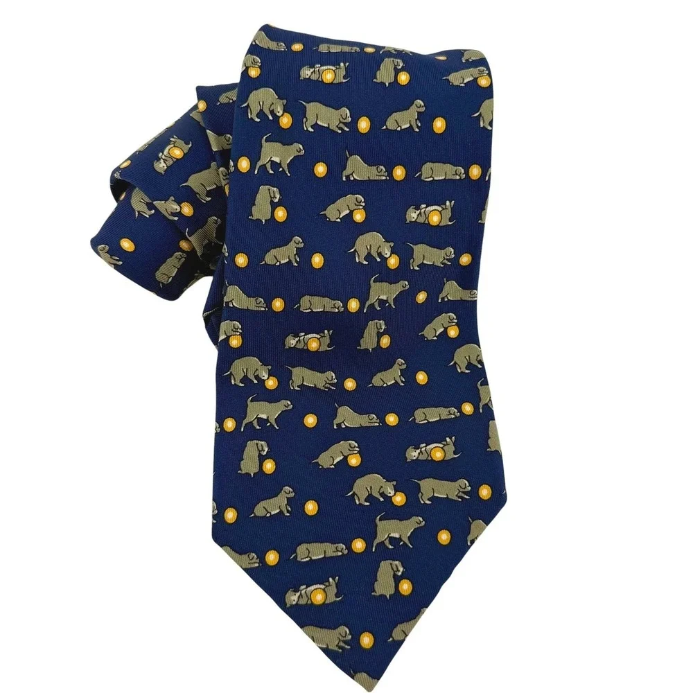 Hermes Paris Mens Silk Tie Navy Blue Puppy Dog Ball Novelty Print Made in France